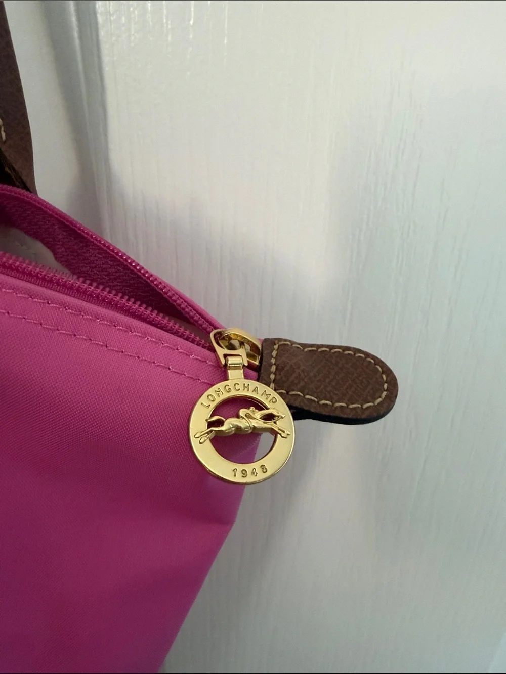 Longchamp Pink Tote with Brown Leather Trim